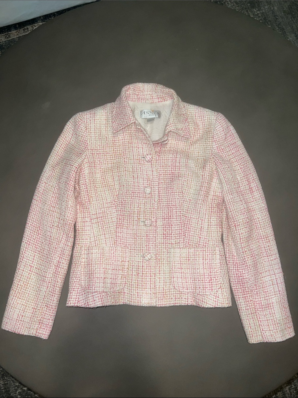VINTAGE Casual Corner Annex Pink, Cream, & Orange Tweed Collared Petite Blazer